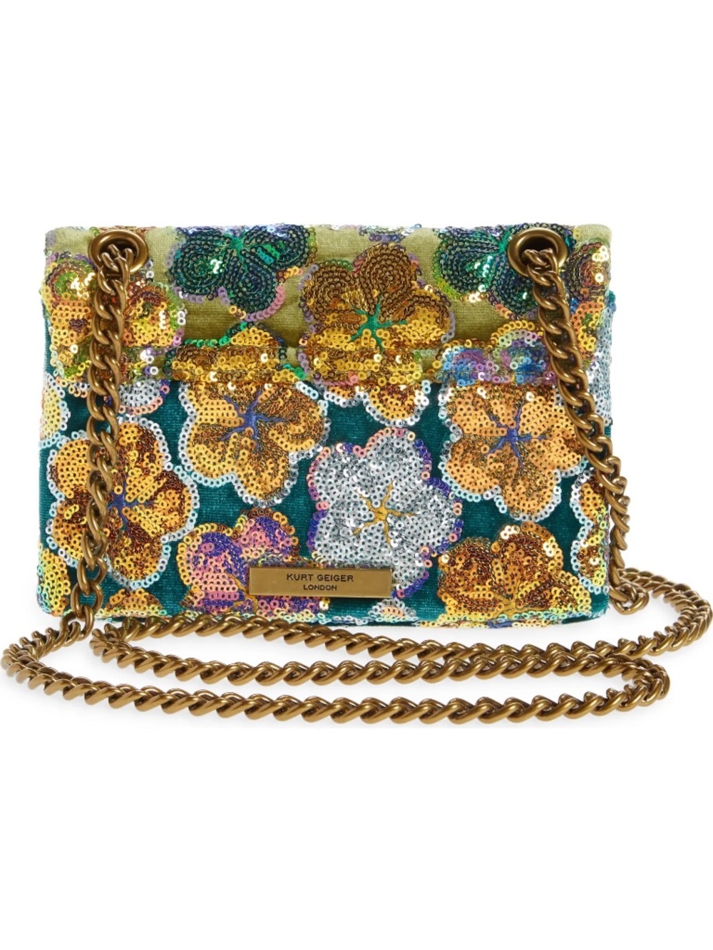 Kurt Geiger Floral Sequin Crossbody Bag in Gold, Green, Teal, White - Picture 2 of 5